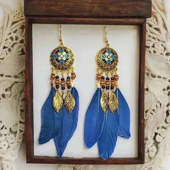 🆕️Boho Chic Fashion Trend Flower Feather Earrings | Exquisite Dangle Jewelry 🌸 - Picture 1 of 7